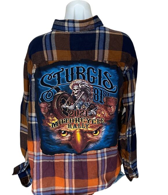 CheekyMontana Tops - Sturgis Motorcycle Rally Plaid Flannel Shirt 3XL Oversize Skeleton Biker Unique